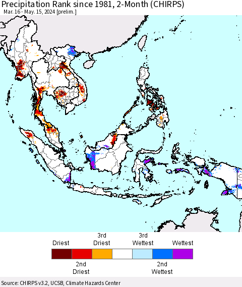 South East Asia Precipitation Rank since 1981, 2-Month (CHIRPS) Thematic Map For 3/16/2024 - 5/15/2024