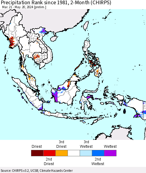 South East Asia Precipitation Rank since 1981, 2-Month (CHIRPS) Thematic Map For 3/21/2024 - 5/20/2024