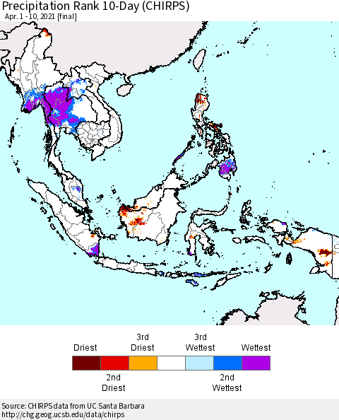 South East Asia Precipitation Rank since 1981, 10-Day (CHIRPS) Thematic Map For 4/1/2021 - 4/10/2021