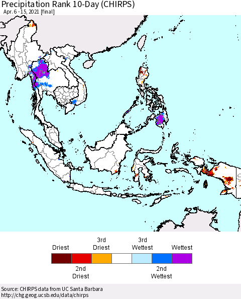 South East Asia Precipitation Rank since 1981, 10-Day (CHIRPS) Thematic Map For 4/6/2021 - 4/15/2021