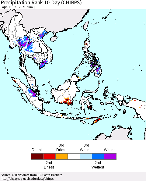 South East Asia Precipitation Rank since 1981, 10-Day (CHIRPS) Thematic Map For 4/11/2021 - 4/20/2021