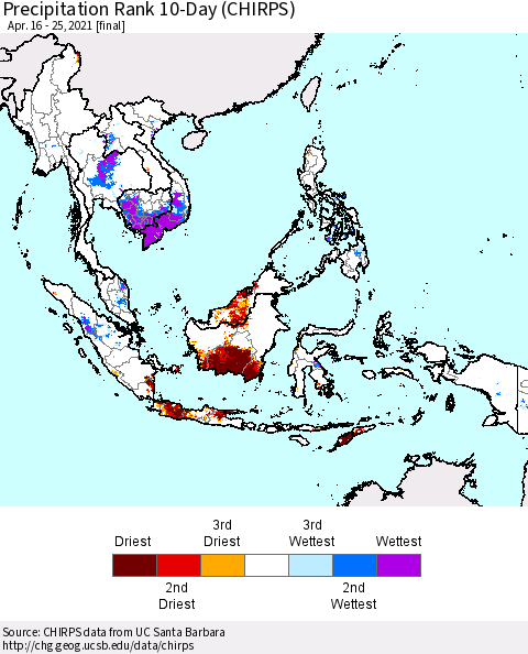 South East Asia Precipitation Rank since 1981, 10-Day (CHIRPS) Thematic Map For 4/16/2021 - 4/25/2021