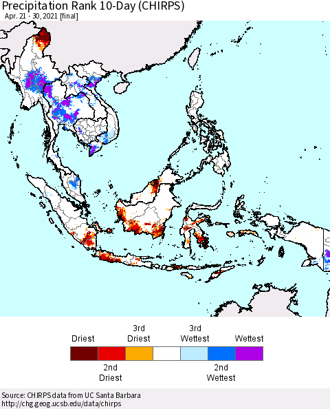 South East Asia Precipitation Rank since 1981, 10-Day (CHIRPS) Thematic Map For 4/21/2021 - 4/30/2021