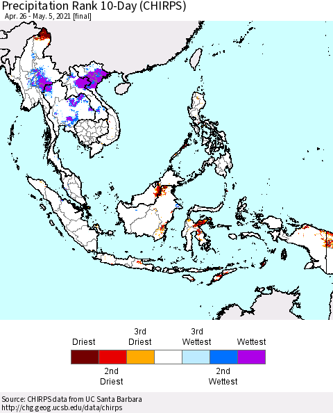 South East Asia Precipitation Rank since 1981, 10-Day (CHIRPS) Thematic Map For 4/26/2021 - 5/5/2021