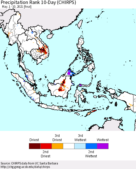 South East Asia Precipitation Rank since 1981, 10-Day (CHIRPS) Thematic Map For 5/1/2021 - 5/10/2021