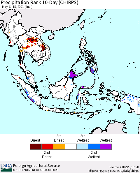 South East Asia Precipitation Rank since 1981, 10-Day (CHIRPS) Thematic Map For 5/6/2021 - 5/15/2021
