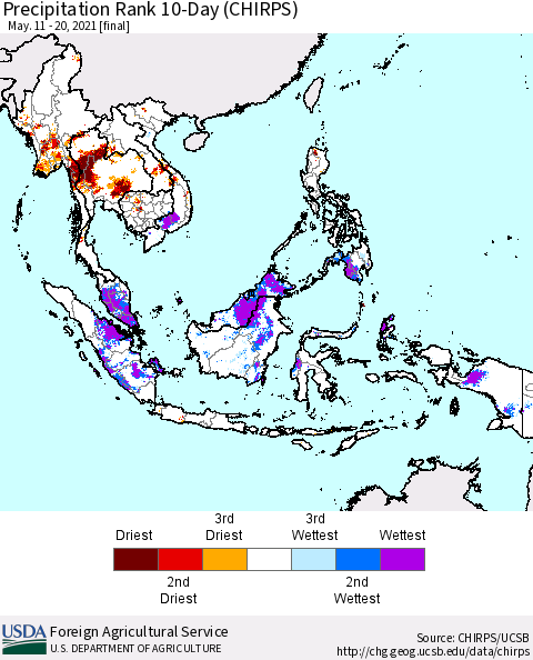 South East Asia Precipitation Rank since 1981, 10-Day (CHIRPS) Thematic Map For 5/11/2021 - 5/20/2021