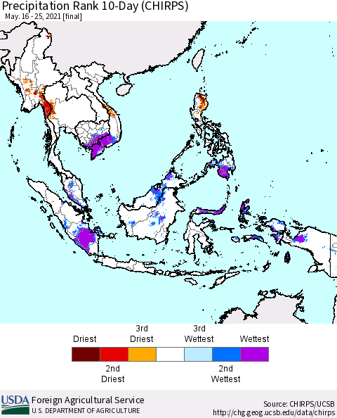 South East Asia Precipitation Rank since 1981, 10-Day (CHIRPS) Thematic Map For 5/16/2021 - 5/25/2021