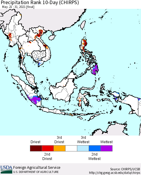 South East Asia Precipitation Rank since 1981, 10-Day (CHIRPS) Thematic Map For 5/21/2021 - 5/31/2021