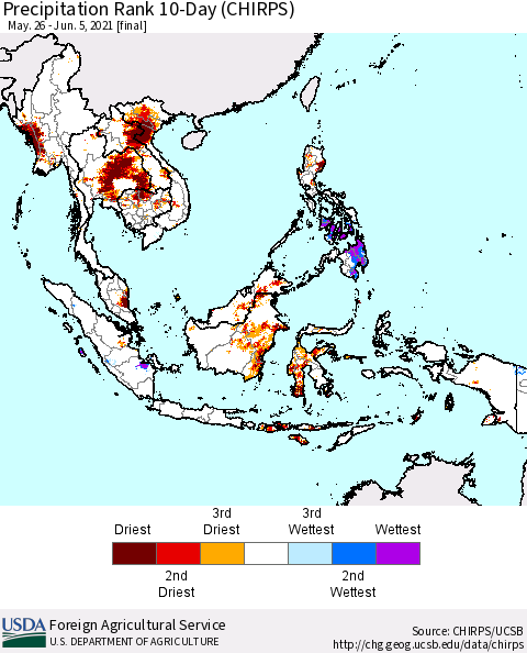 South East Asia Precipitation Rank since 1981, 10-Day (CHIRPS) Thematic Map For 5/26/2021 - 6/5/2021