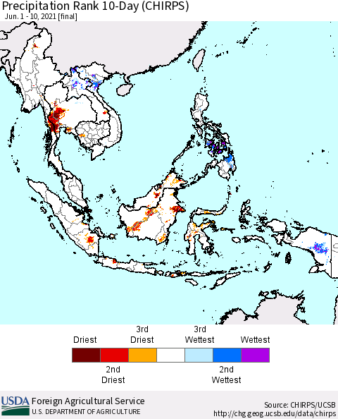 South East Asia Precipitation Rank since 1981, 10-Day (CHIRPS) Thematic Map For 6/1/2021 - 6/10/2021