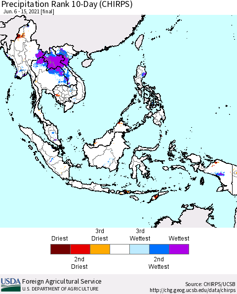 South East Asia Precipitation Rank since 1981, 10-Day (CHIRPS) Thematic Map For 6/6/2021 - 6/15/2021