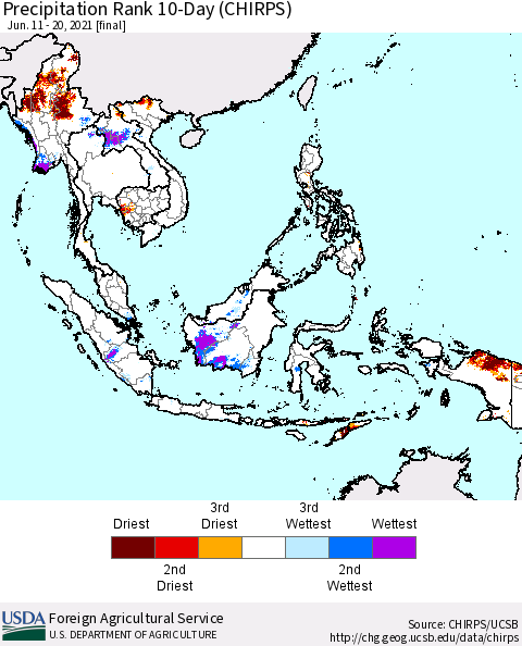 South East Asia Precipitation Rank since 1981, 10-Day (CHIRPS) Thematic Map For 6/11/2021 - 6/20/2021