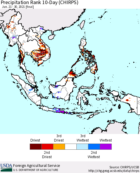 South East Asia Precipitation Rank since 1981, 10-Day (CHIRPS) Thematic Map For 6/21/2021 - 6/30/2021