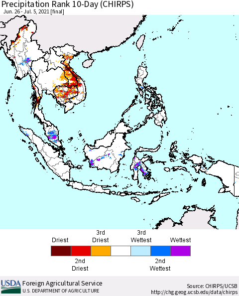 South East Asia Precipitation Rank since 1981, 10-Day (CHIRPS) Thematic Map For 6/26/2021 - 7/5/2021