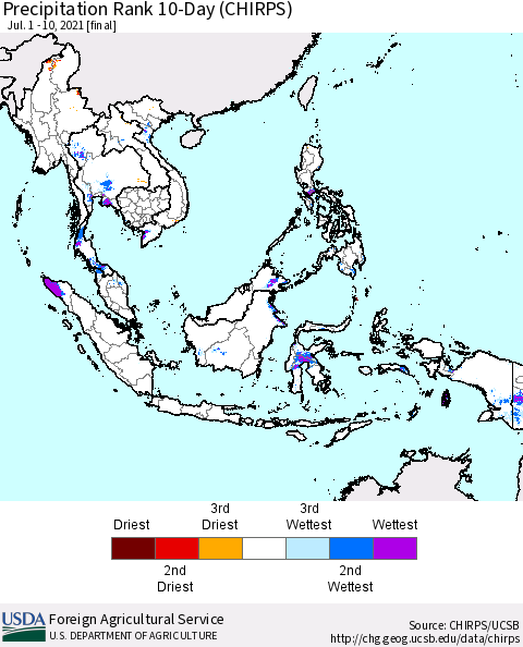 South East Asia Precipitation Rank since 1981, 10-Day (CHIRPS) Thematic Map For 7/1/2021 - 7/10/2021