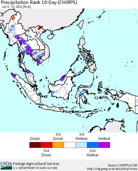 South East Asia Precipitation Rank since 1981, 10-Day (CHIRPS) Thematic Map For 7/6/2021 - 7/15/2021