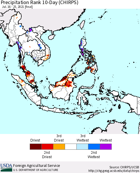 South East Asia Precipitation Rank since 1981, 10-Day (CHIRPS) Thematic Map For 7/16/2021 - 7/25/2021