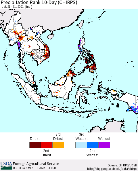 South East Asia Precipitation Rank since 1981, 10-Day (CHIRPS) Thematic Map For 7/21/2021 - 7/31/2021