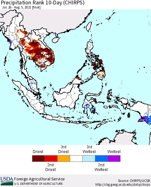 South East Asia Precipitation Rank since 1981, 10-Day (CHIRPS) Thematic Map For 7/26/2021 - 8/5/2021