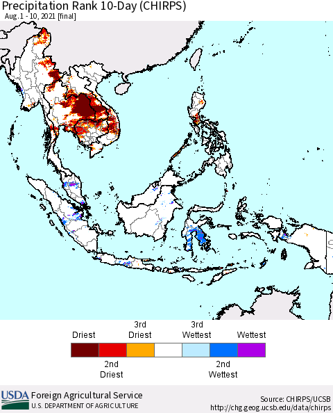 South East Asia Precipitation Rank since 1981, 10-Day (CHIRPS) Thematic Map For 8/1/2021 - 8/10/2021