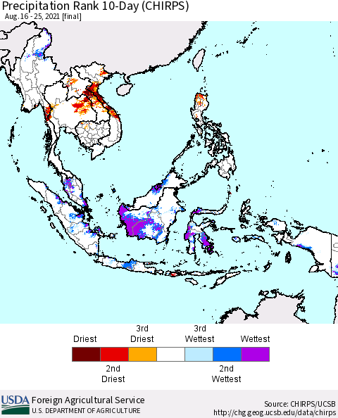 South East Asia Precipitation Rank since 1981, 10-Day (CHIRPS) Thematic Map For 8/16/2021 - 8/25/2021