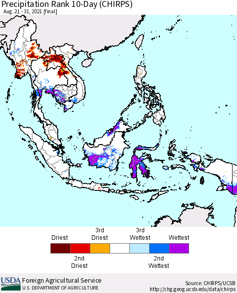 South East Asia Precipitation Rank since 1981, 10-Day (CHIRPS) Thematic Map For 8/21/2021 - 8/31/2021