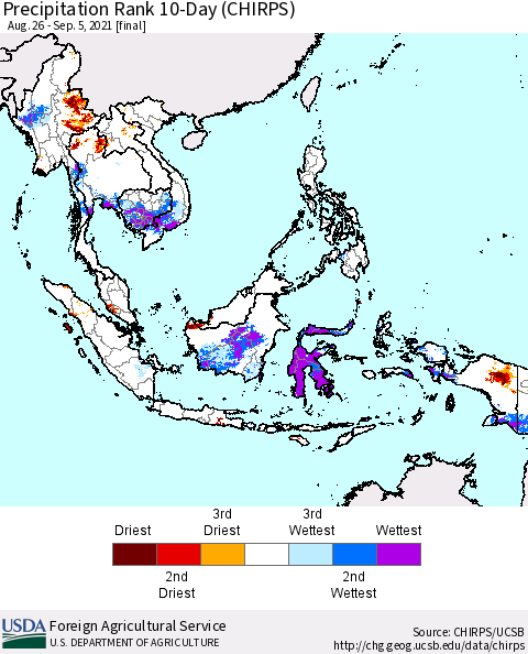 South East Asia Precipitation Rank since 1981, 10-Day (CHIRPS) Thematic Map For 8/26/2021 - 9/5/2021
