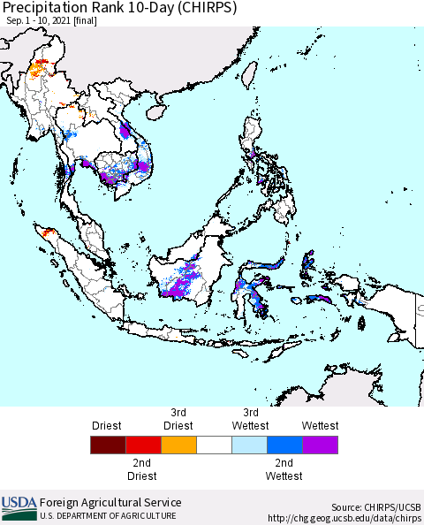 South East Asia Precipitation Rank since 1981, 10-Day (CHIRPS) Thematic Map For 9/1/2021 - 9/10/2021