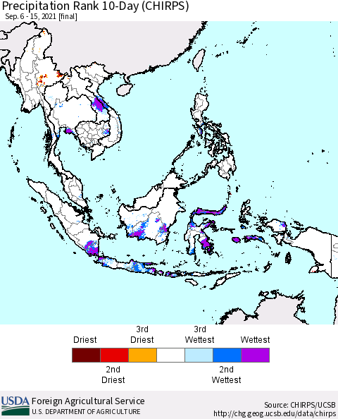 South East Asia Precipitation Rank since 1981, 10-Day (CHIRPS) Thematic Map For 9/6/2021 - 9/15/2021