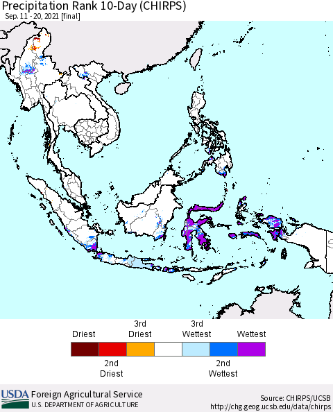 South East Asia Precipitation Rank since 1981, 10-Day (CHIRPS) Thematic Map For 9/11/2021 - 9/20/2021