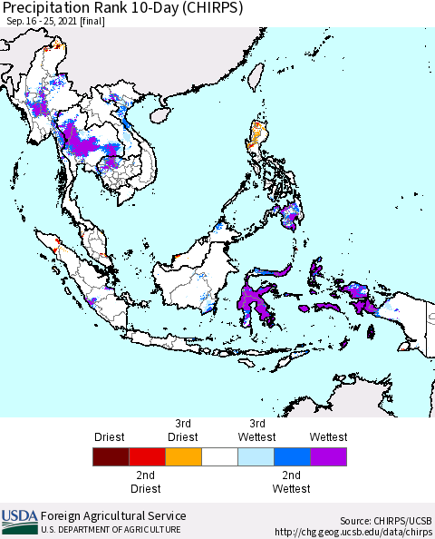 South East Asia Precipitation Rank since 1981, 10-Day (CHIRPS) Thematic Map For 9/16/2021 - 9/25/2021