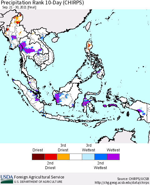 South East Asia Precipitation Rank since 1981, 10-Day (CHIRPS) Thematic Map For 9/21/2021 - 9/30/2021
