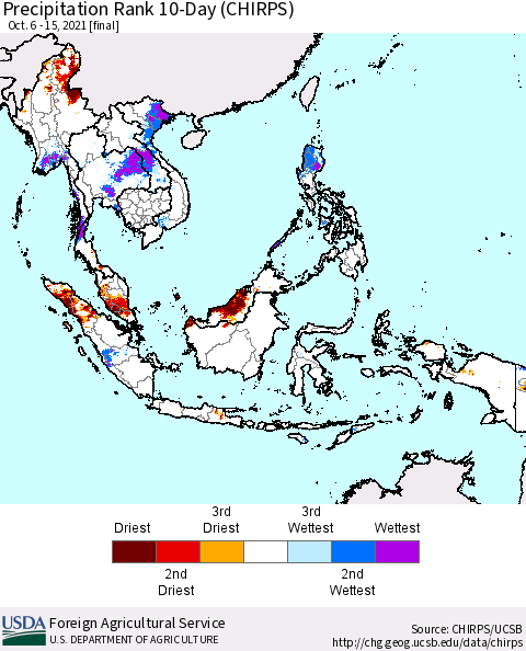 South East Asia Precipitation Rank since 1981, 10-Day (CHIRPS) Thematic Map For 10/6/2021 - 10/15/2021