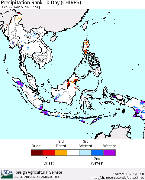 South East Asia Precipitation Rank since 1981, 10-Day (CHIRPS) Thematic Map For 10/26/2021 - 11/5/2021