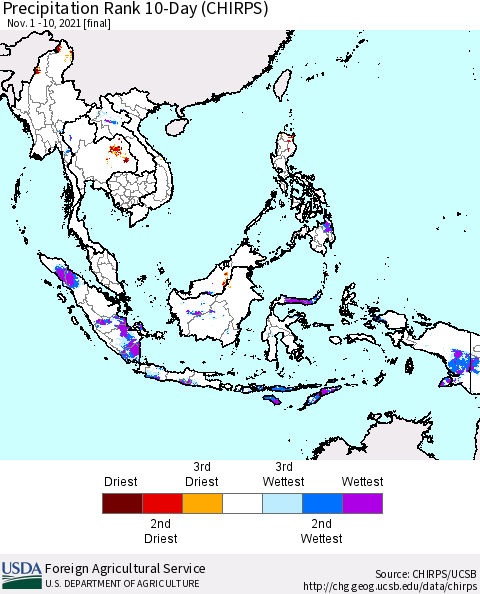 South East Asia Precipitation Rank since 1981, 10-Day (CHIRPS) Thematic Map For 11/1/2021 - 11/10/2021