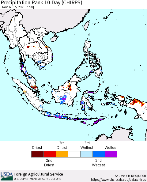 South East Asia Precipitation Rank since 1981, 10-Day (CHIRPS) Thematic Map For 11/6/2021 - 11/15/2021