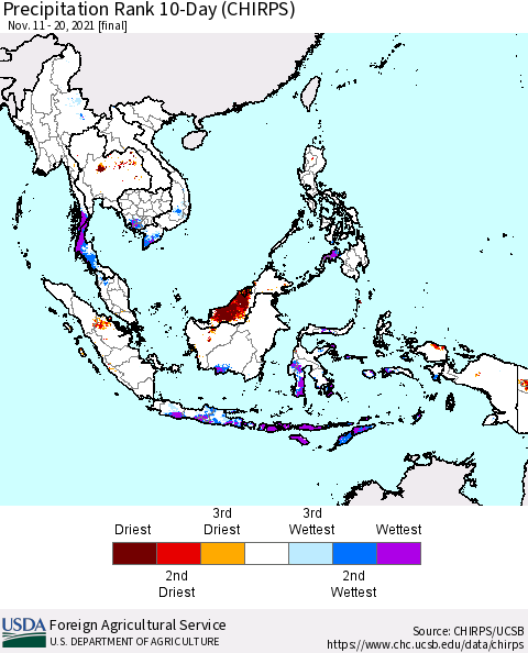 South East Asia Precipitation Rank since 1981, 10-Day (CHIRPS) Thematic Map For 11/11/2021 - 11/20/2021