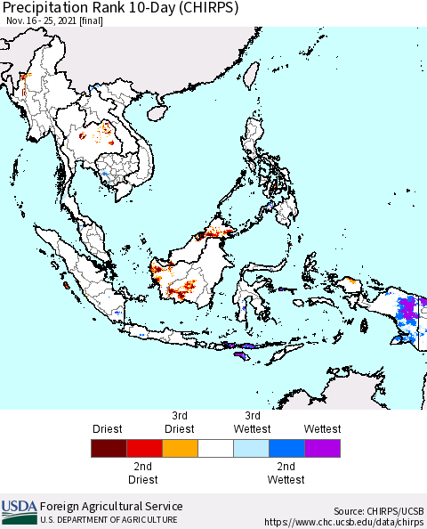 South East Asia Precipitation Rank since 1981, 10-Day (CHIRPS) Thematic Map For 11/16/2021 - 11/25/2021