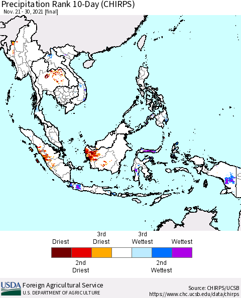 South East Asia Precipitation Rank since 1981, 10-Day (CHIRPS) Thematic Map For 11/21/2021 - 11/30/2021