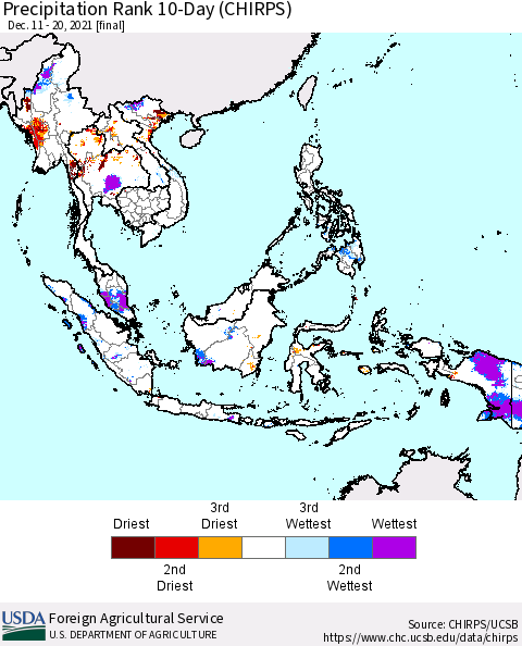 South East Asia Precipitation Rank since 1981, 10-Day (CHIRPS) Thematic Map For 12/11/2021 - 12/20/2021