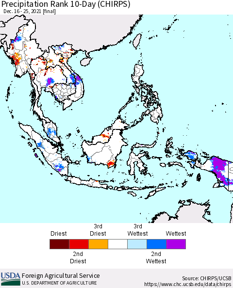South East Asia Precipitation Rank since 1981, 10-Day (CHIRPS) Thematic Map For 12/16/2021 - 12/25/2021