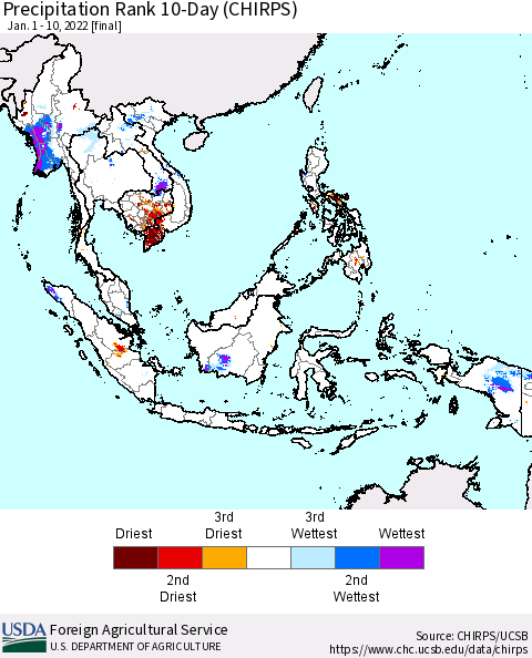 South East Asia Precipitation Rank since 1981, 10-Day (CHIRPS) Thematic Map For 1/1/2022 - 1/10/2022