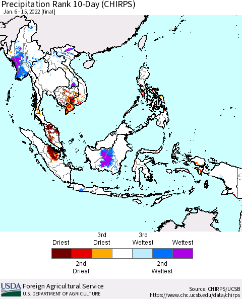 South East Asia Precipitation Rank since 1981, 10-Day (CHIRPS) Thematic Map For 1/6/2022 - 1/15/2022