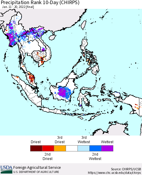 South East Asia Precipitation Rank since 1981, 10-Day (CHIRPS) Thematic Map For 1/11/2022 - 1/20/2022