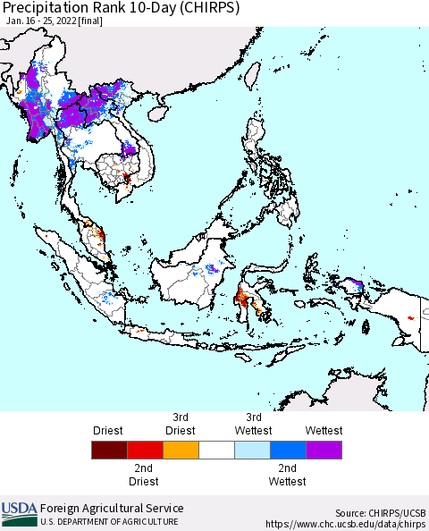 South East Asia Precipitation Rank since 1981, 10-Day (CHIRPS) Thematic Map For 1/16/2022 - 1/25/2022