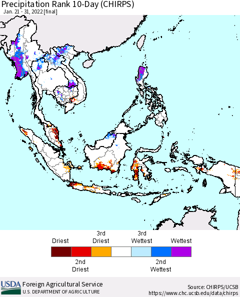 South East Asia Precipitation Rank since 1981, 10-Day (CHIRPS) Thematic Map For 1/21/2022 - 1/31/2022