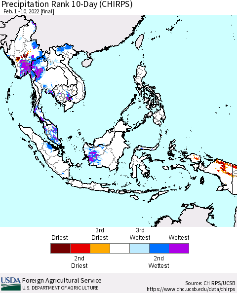 South East Asia Precipitation Rank since 1981, 10-Day (CHIRPS) Thematic Map For 2/1/2022 - 2/10/2022