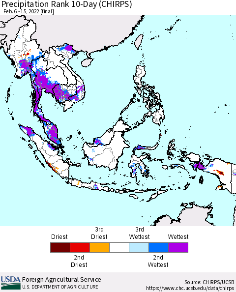 South East Asia Precipitation Rank since 1981, 10-Day (CHIRPS) Thematic Map For 2/6/2022 - 2/15/2022