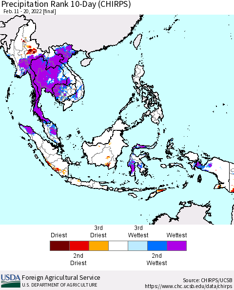 South East Asia Precipitation Rank since 1981, 10-Day (CHIRPS) Thematic Map For 2/11/2022 - 2/20/2022